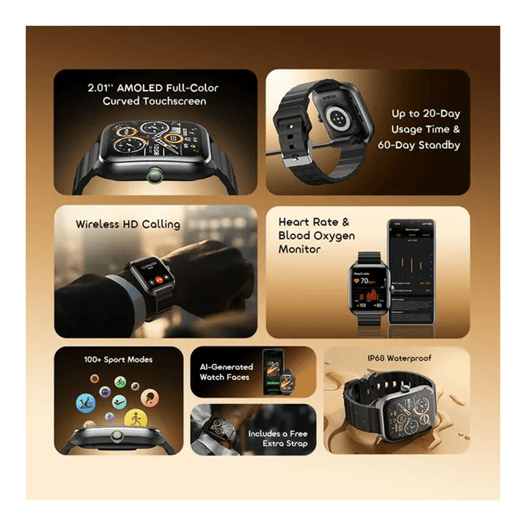 ساعة أورايمو نوفا 2 بشاشة منحنية اموليد 2.01 بوصة - أسود - Osw-814