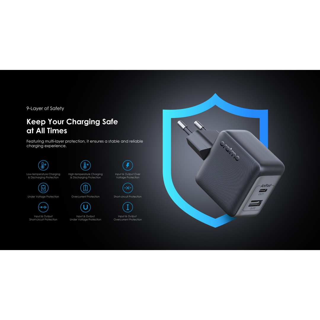 شاحن أورايمو 33 Pro سريع بمخرجين مع كابل - 33 وات - أسود - OCW-7331E