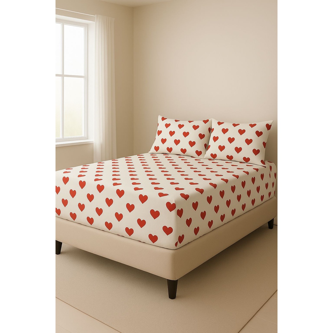 طقم ملاية سرير بأستك من يارلن + 2 كيس مخدة - قلب أحمر - 180 سم