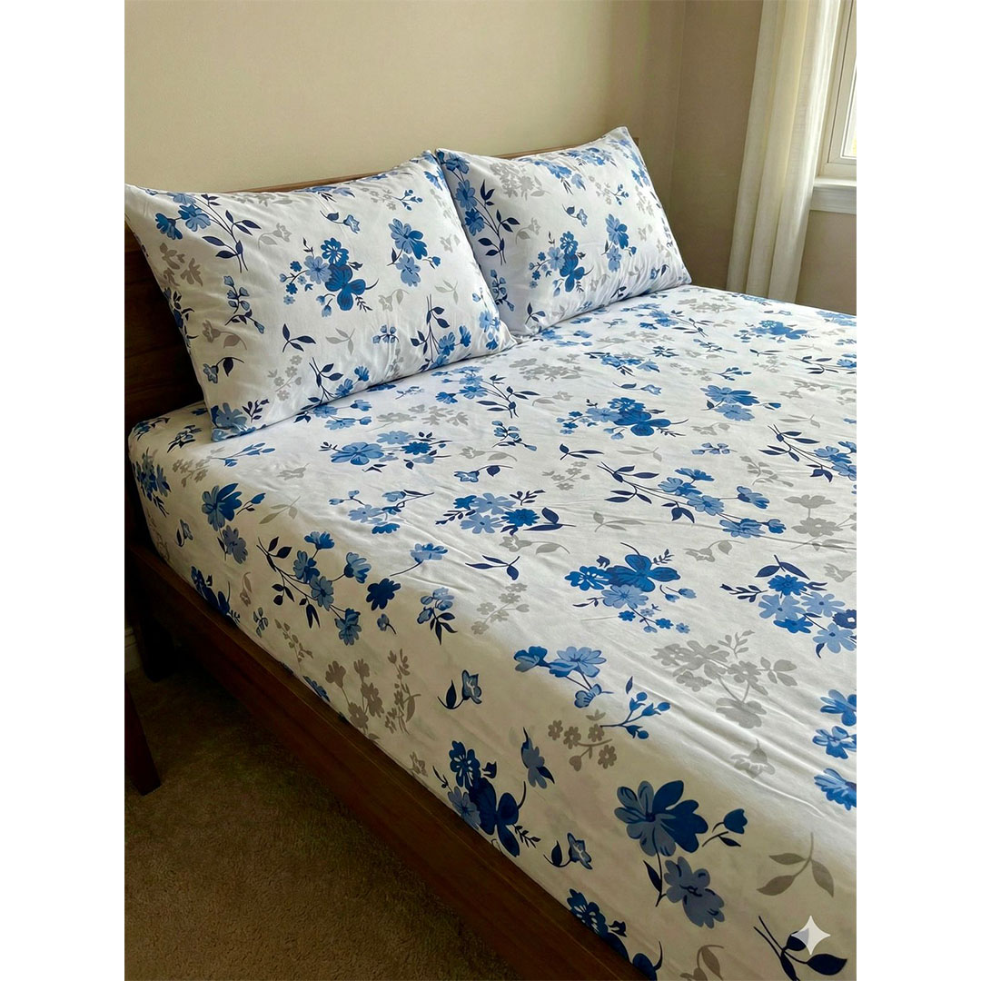 يارلن طقم ملاية بأستك + 2 كيس مخدة صغيرة - بلو فلورال - 180 سم