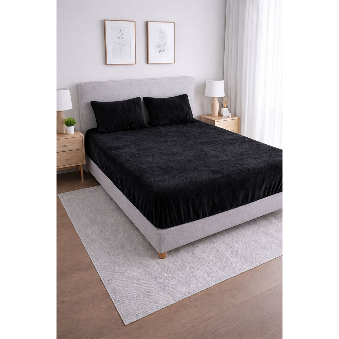 يارلن طقم ملاية قطيفة بأستك + 2 كيس مخدة 50×70 سم 160×200×30 سم - أسود