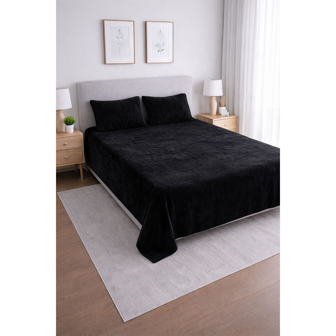 يارلن طقم ملاية قطيفة عادية + 2 كيس مخدة 50×70 سم 200×200 سم - أسود