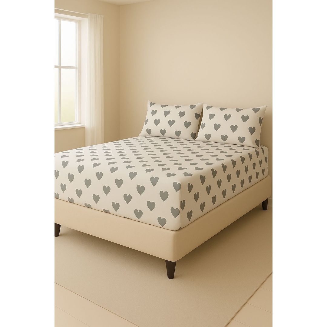 طقم ملاية سرير بأستك من يارلن + 2 كيس مخدة - قلب رمادي - 200 سم