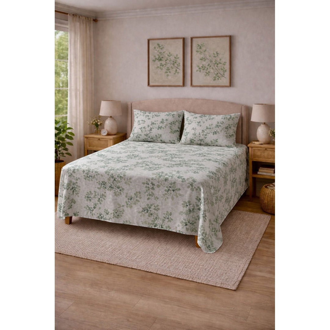 طقم ملاية عادية مع 2 غطاء مخدة من يارلن - 200 سم - جرين لييف - أبيض