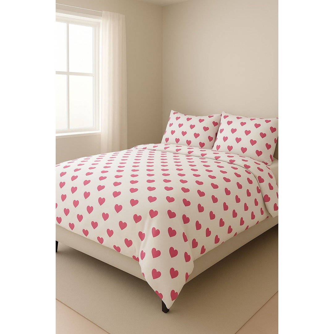 طقم ملاية سرير من يارلن + 2 كيس مخدة - قلب وردي - 200 سم