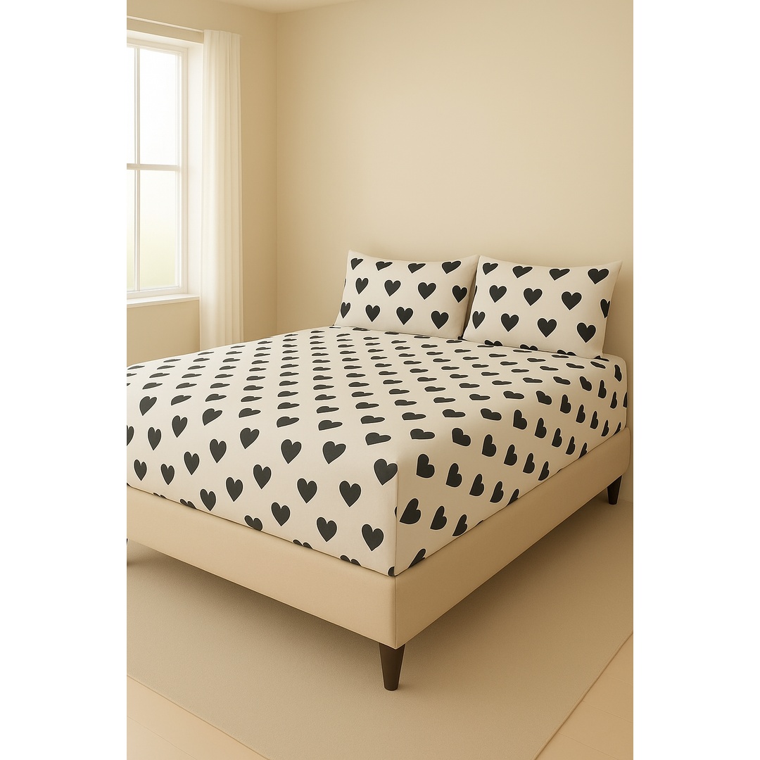 طقم ملاية سرير بأستك من يارلن + 2 كيس مخدة - قلب أسود - 160 سم