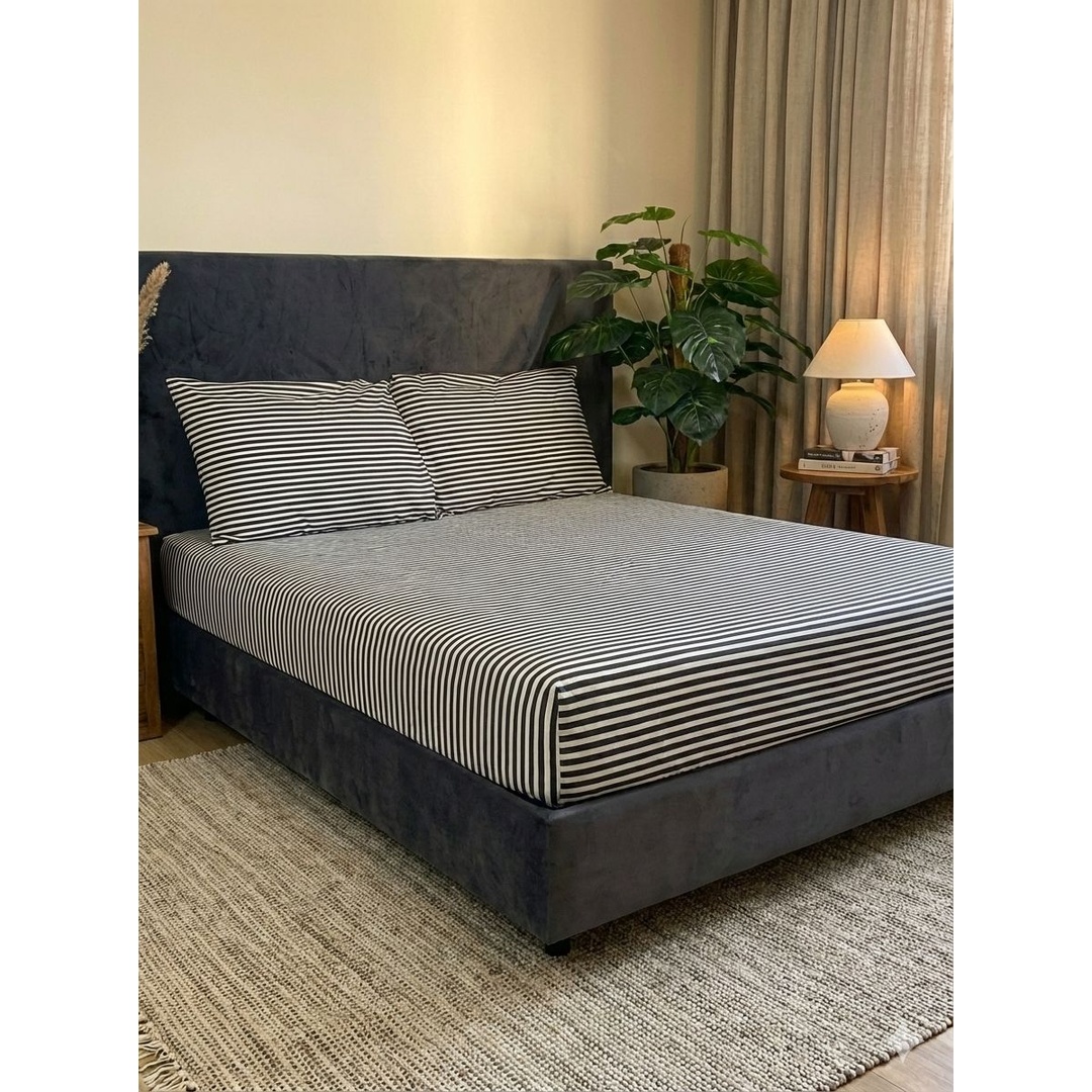 طقم ملاية سرير بأستك من يارلن + 2 كيس مخدة - مخطط - 180 سم