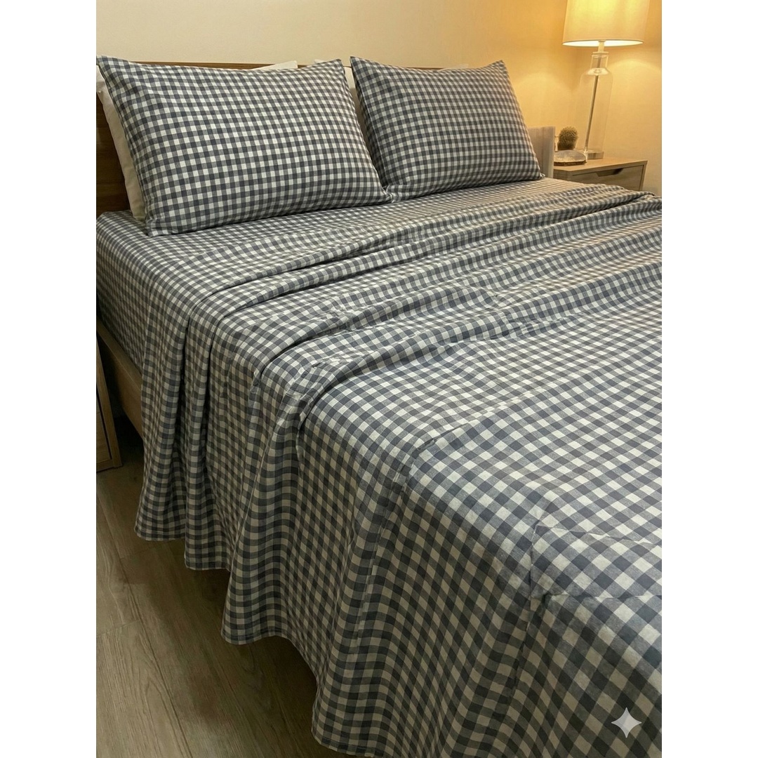 طقم ملاية سرير من يارلن + 2 كيس مخدة - مربعات رمادي - 200 سم