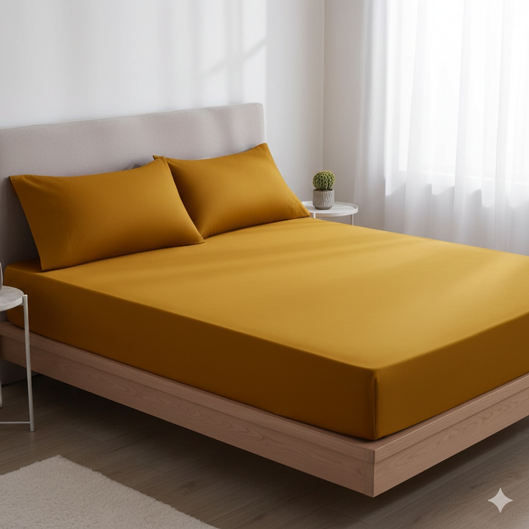 طقم ملاية سرير بأستك من يارلن + 2 كيس مخدة - ماسترد يلو - 160 سم