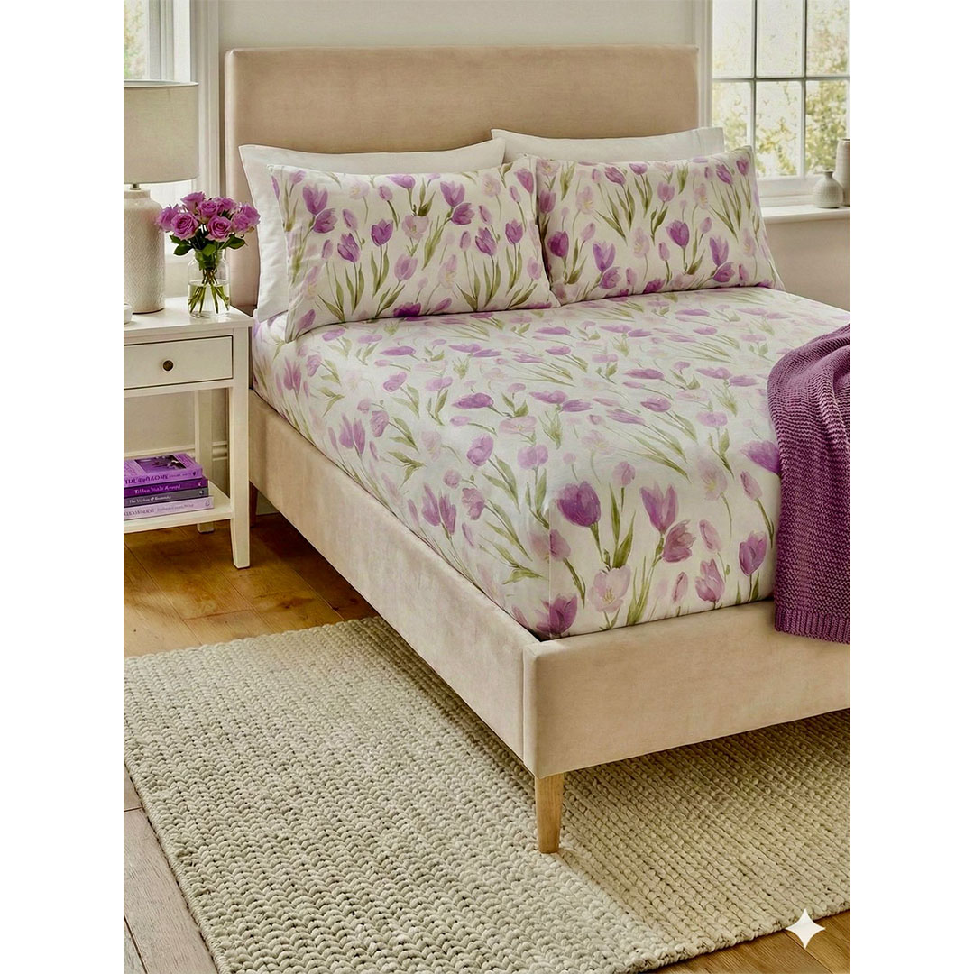 يارلن طقم ملاية بأستك + 2 كيس مخدة صغيرة - بيربل لوتس - 160 سم