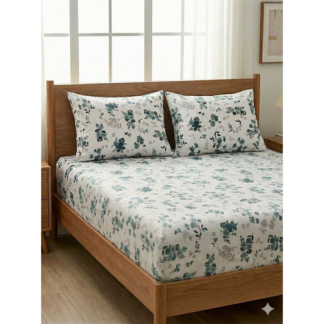 يارلن طقم ملاية بأستك + 2 كيس مخدة صغيرة - جرين فلورا - 160 سم