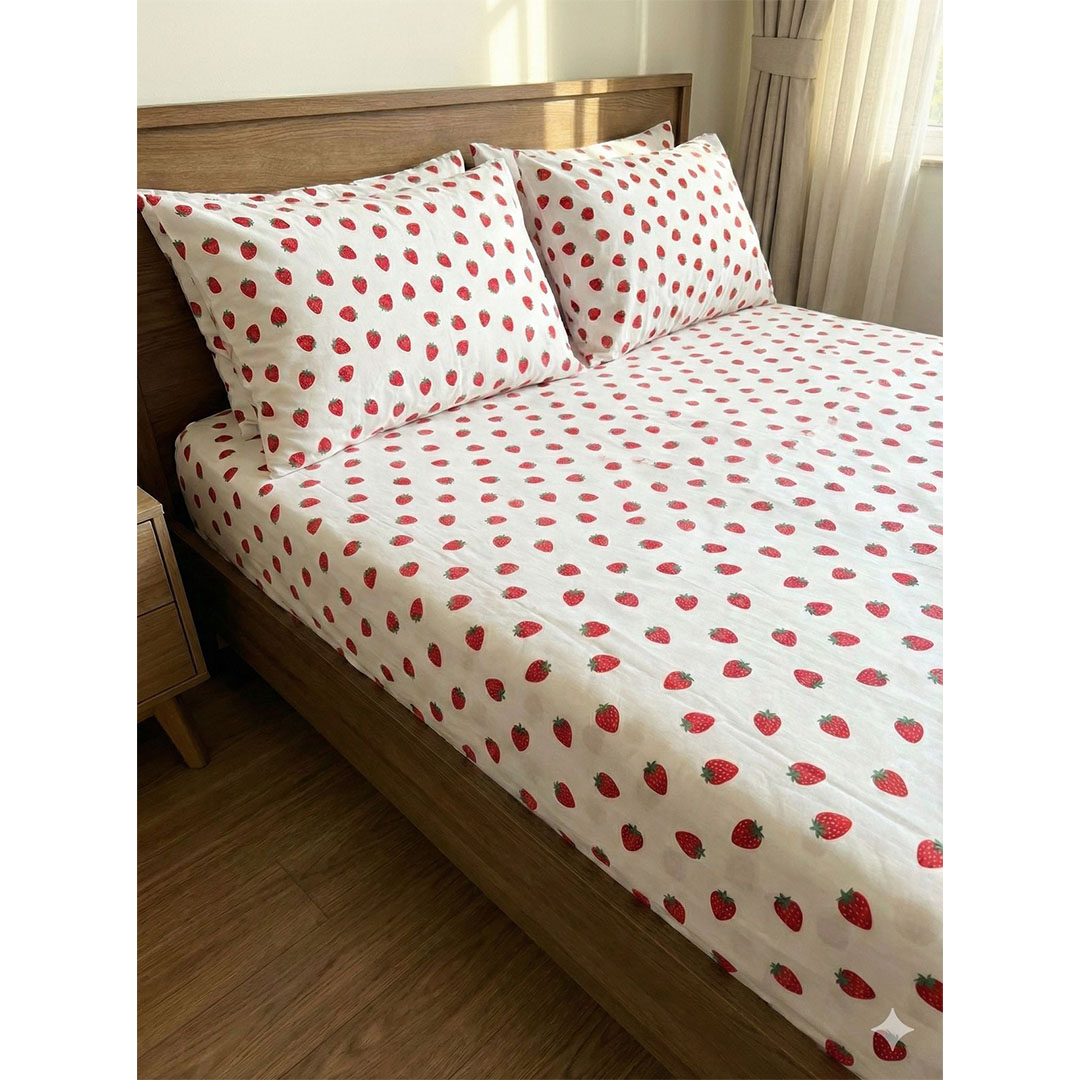 يارلن طقم ملاية بأستك + 2 كيس مخدة صغيرة - فراولة - 180 سم