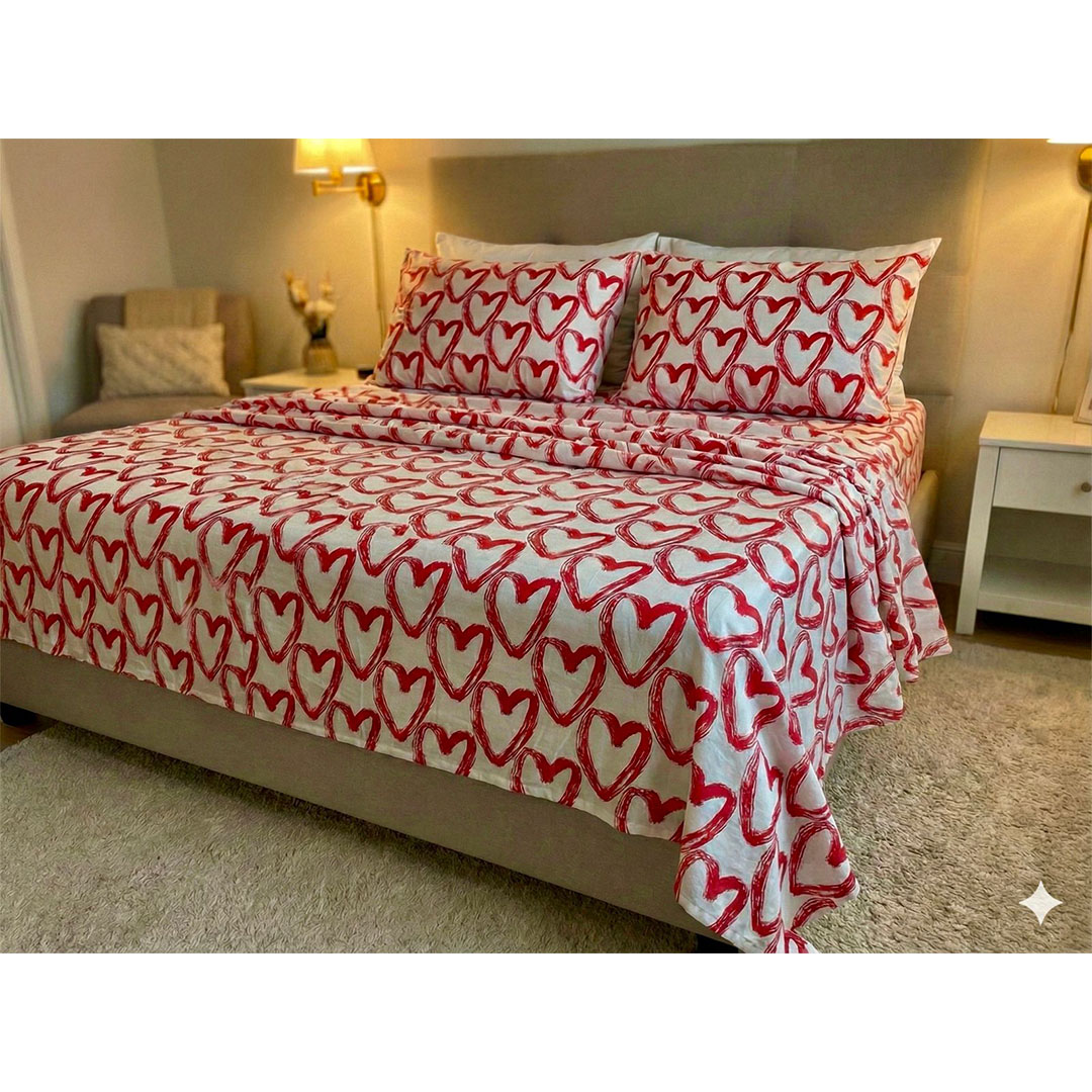 يارلن طقم ملاية عادية + 2 كيس مخدة صغيرة - قلب أحمر كبير - 180 سم