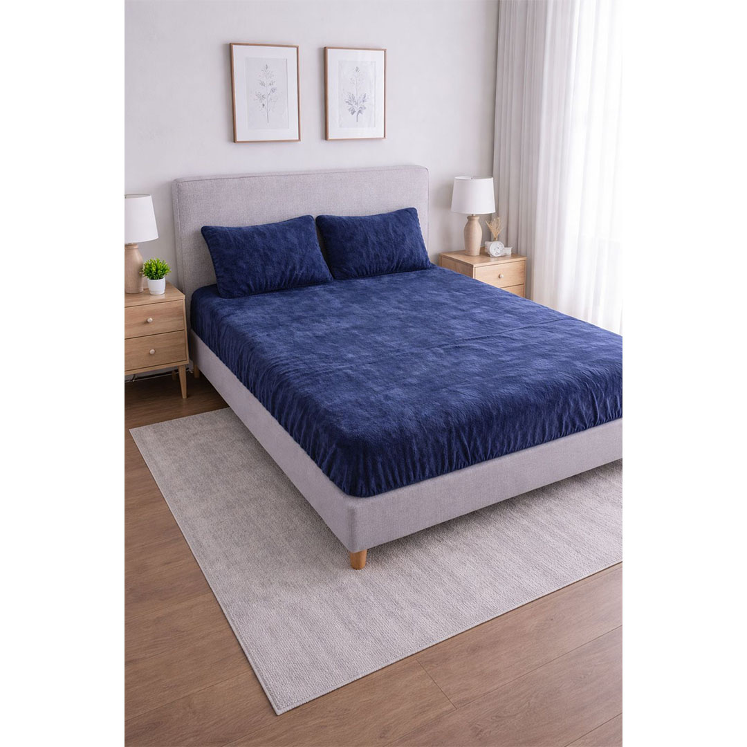 يارلن طقم ملاية قطيفة بأستك + 2 كيس مخدة 50×70 سم 200×200×30 سم - أزرق غامق