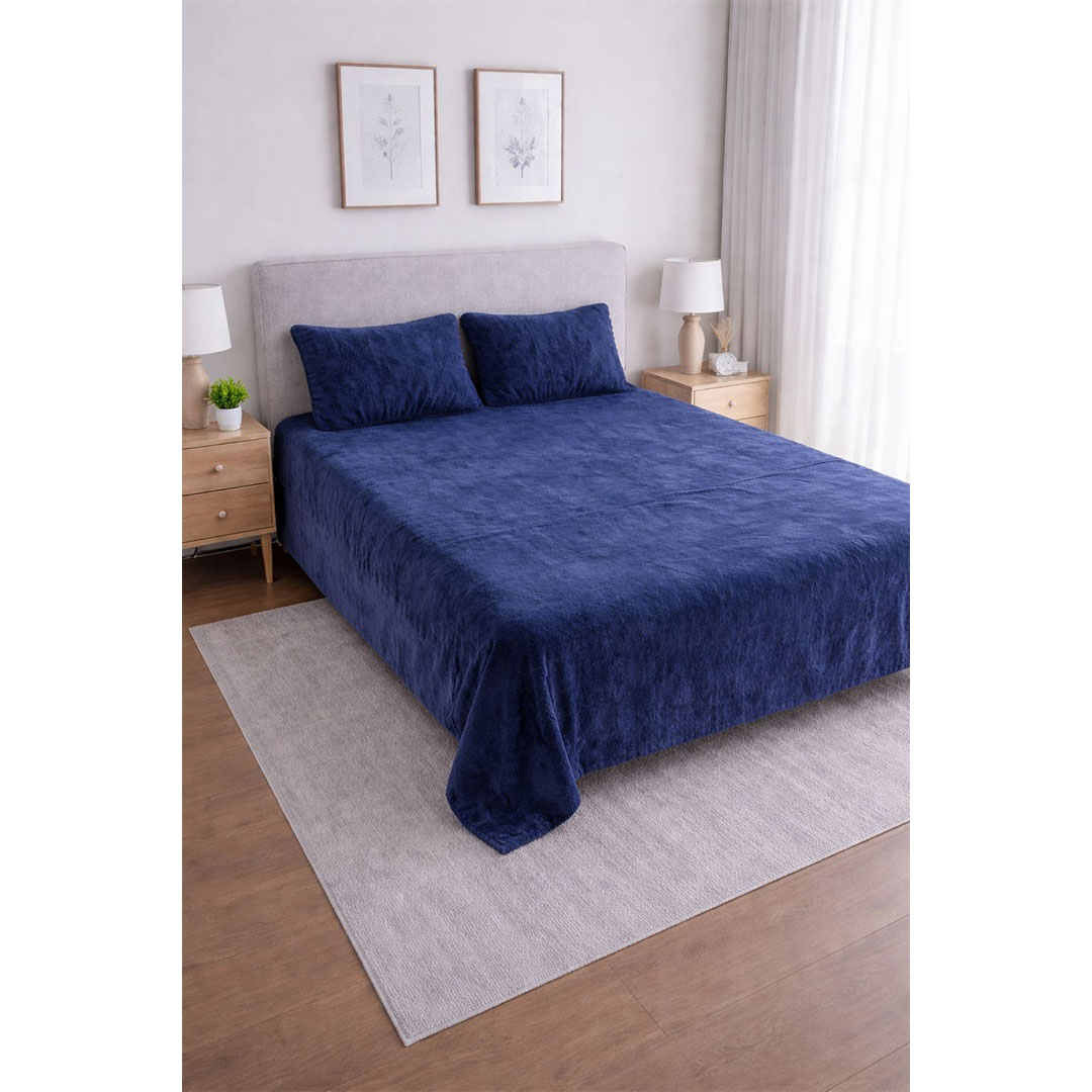 يارلن دفاية قطيفة 180×200 سم + 2 كيس مخدة 50*70 سم - أزرق غامق