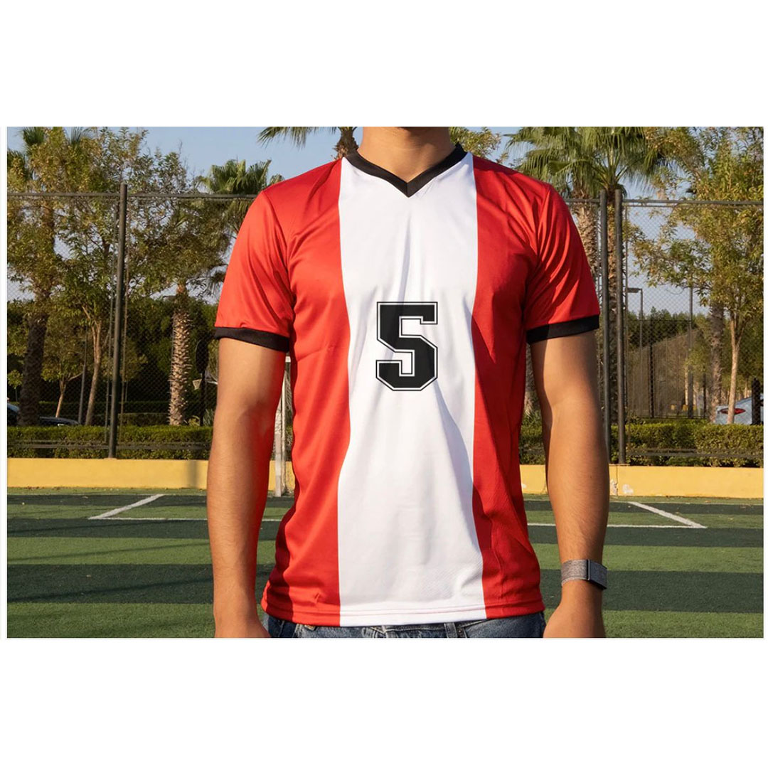 تيشيرت رياضي رجالي نص كم - رقم 5 - أحمر*أبيض