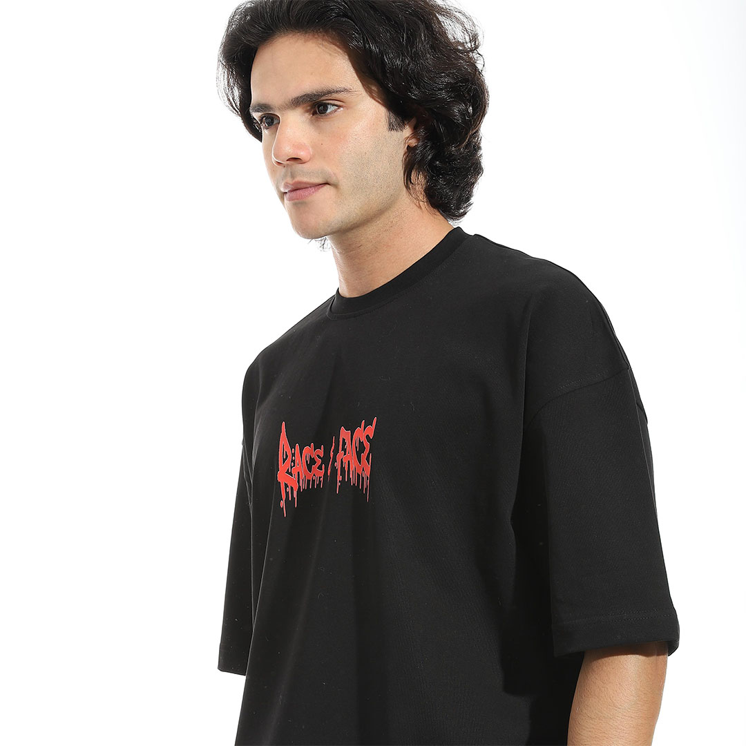 تيشيرت أوفر سايز مطبوع نص كم - اسود