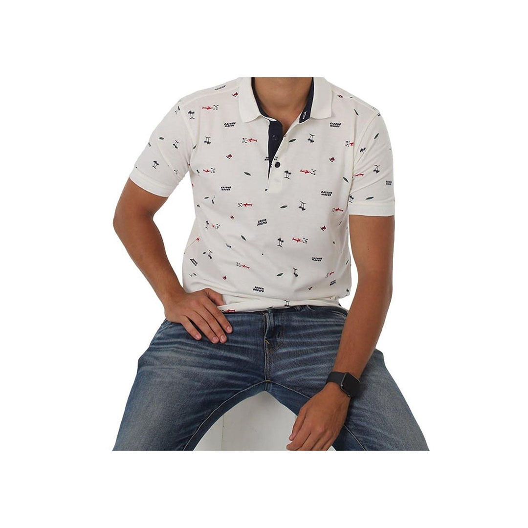 تيشيرت بولو رجالي منقوش - أبيض