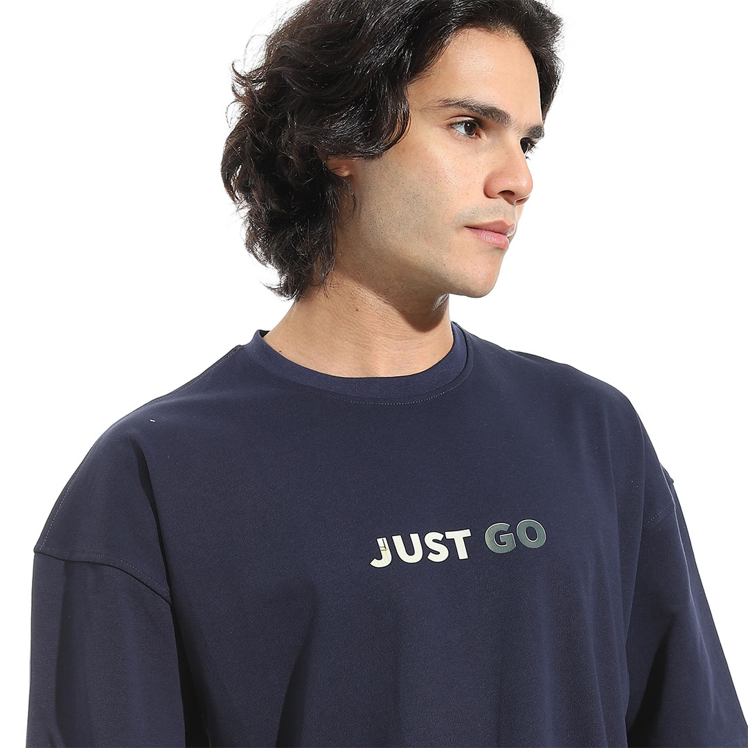 تيشيرت أوفر سايز مطبوع - أزرق غامق