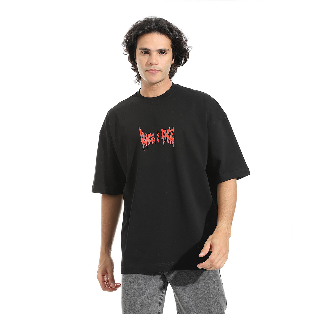 تيشيرت أوفر سايز مطبوع نص كم - اسود