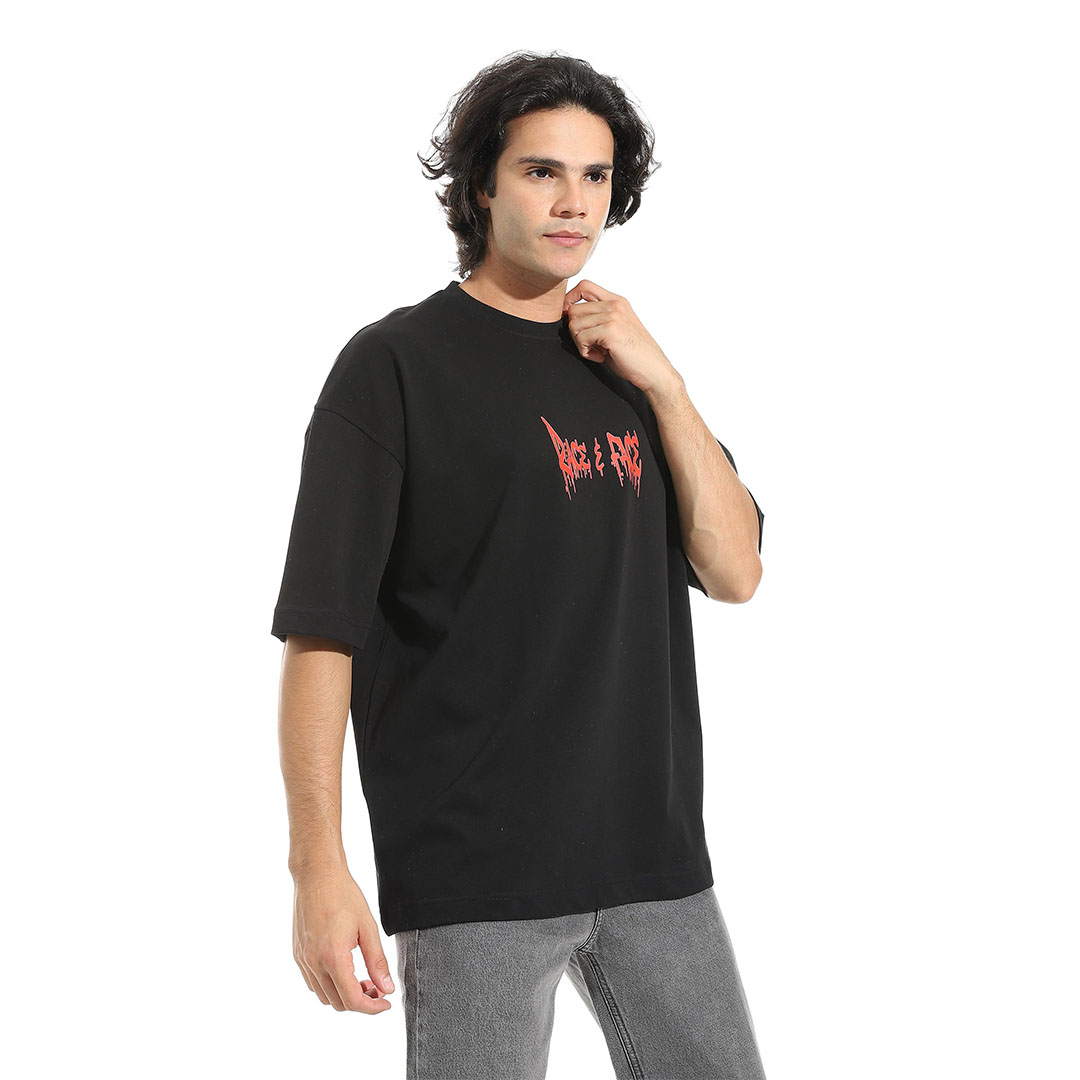 تيشيرت أوفر سايز مطبوع نص كم - اسود