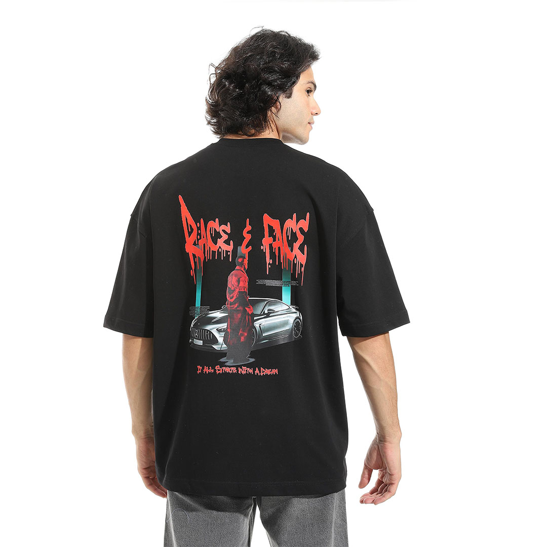 تيشيرت أوفر سايز مطبوع نص كم - اسود