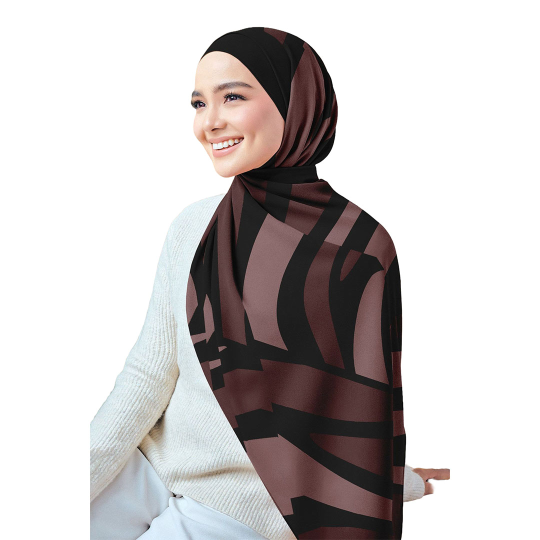 سولى طرحة مطبوعة شيفون كريب - بني/أسود