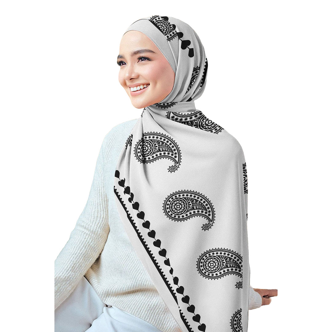 سولى طرحة شيفون كريب منقوشة - أبيض/أسود