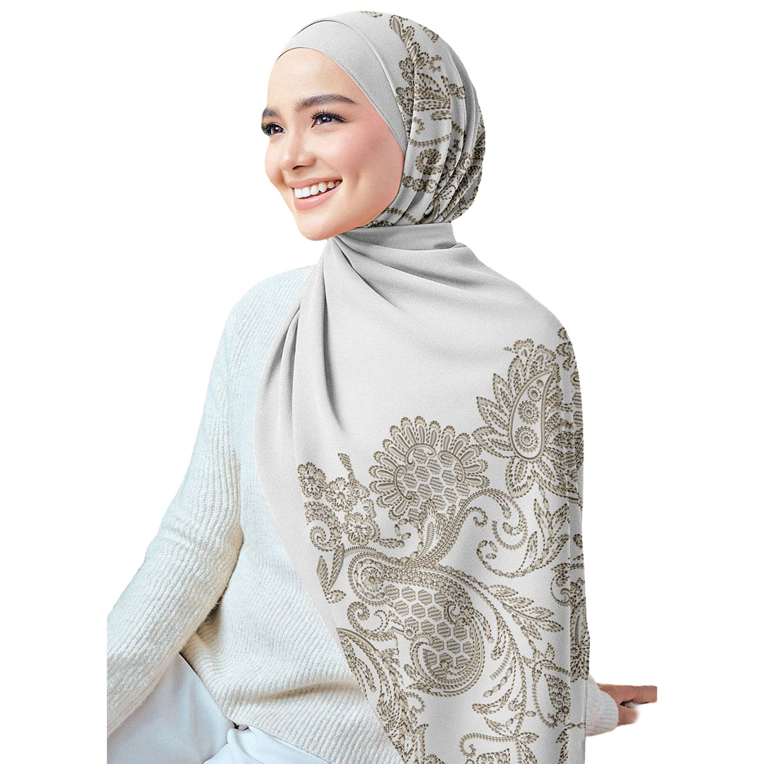 سولى طرحة شيفون كريب مطبوعة - رمادي/بني