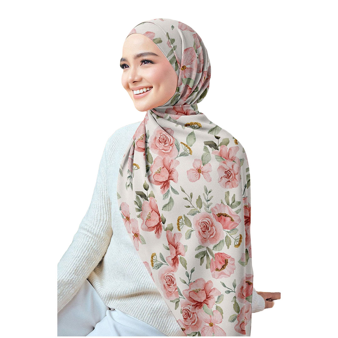 سولى طرحة شيفون كريب مطبوعة - ورد بينك