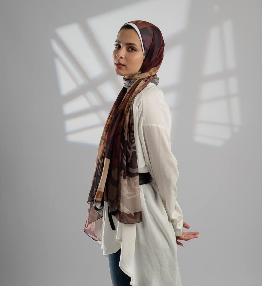 Glitter طرحه شيفون مطبوعه - بني