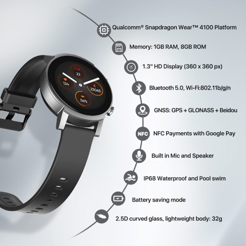Ticwatch ساعه ذكيه بميكروفون - أسود - Ticwatch E3