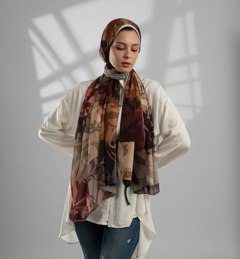 Glitter طرحه شيفون مطبوعه - بني