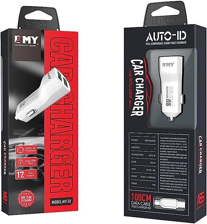 EMY شاحن للسيارة بمنفذ USB مزدوج - 1 م - ابيض MY-30