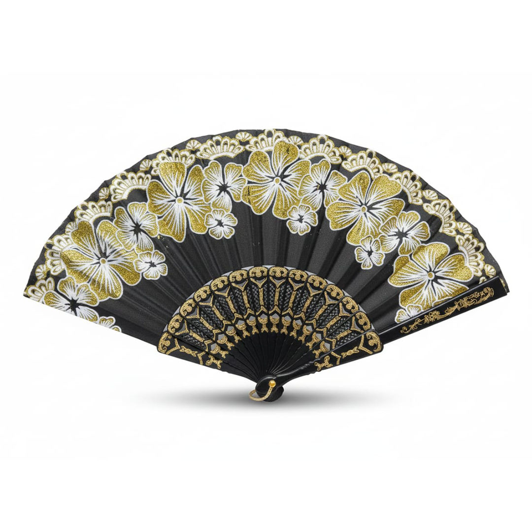 مروحة يدوية أسود مشجر بإطار ذهبي