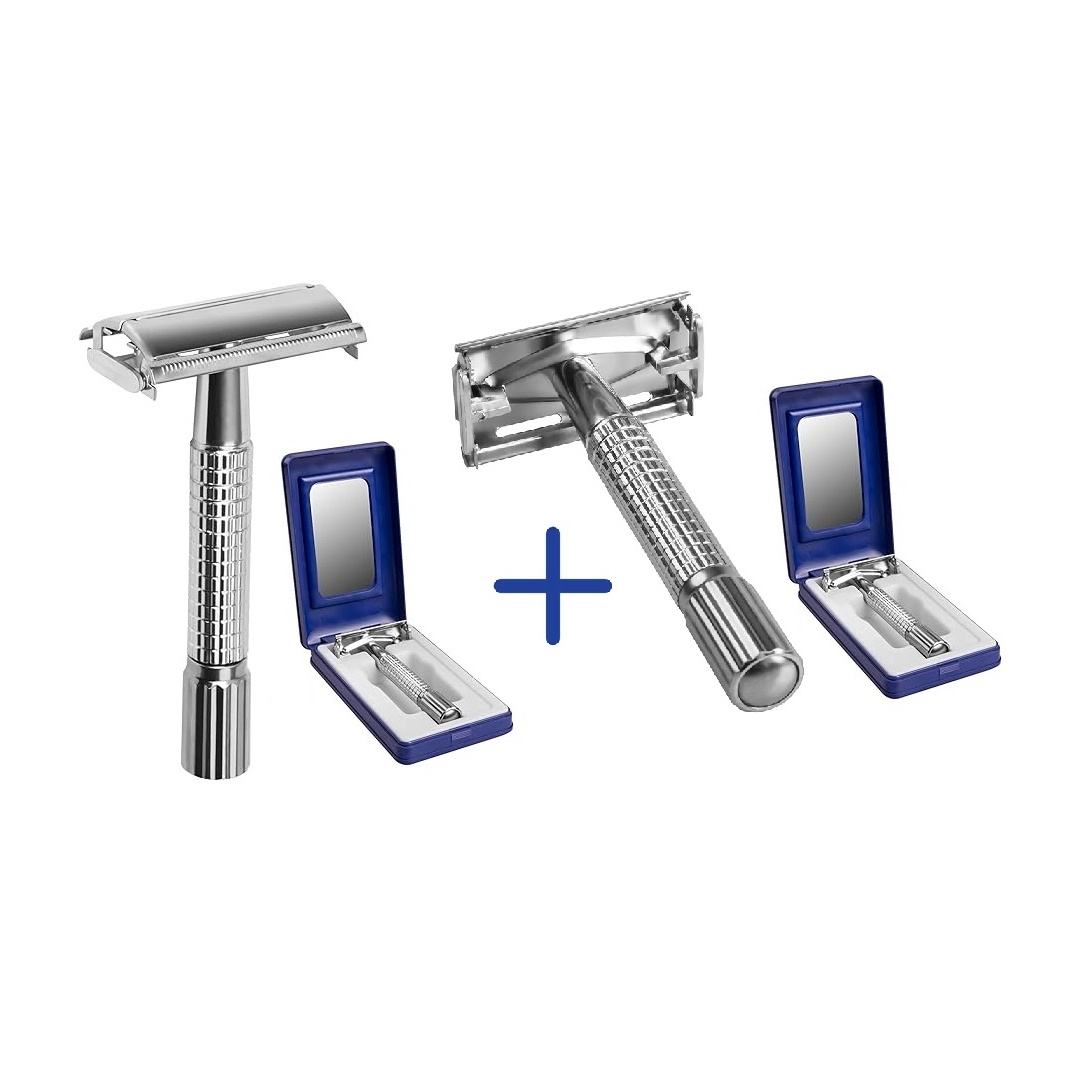 ماكينة حلاقة للشارب مزدوجة الحافة مع شفرة ستانلس ستيل + مرآة وعلبة - قطعتين