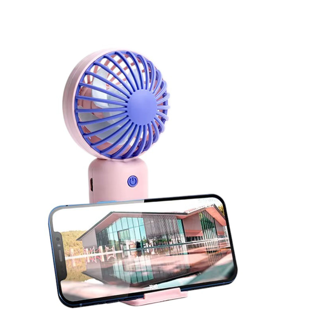 مروحة يدوية صغيرة و ستاند موبيل - قابلة للشحن - بينك