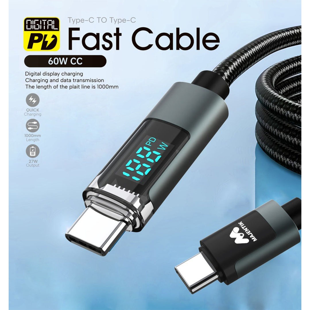 كابل شحن سريع - 60 وات - Type-C - 1 متر - أسود