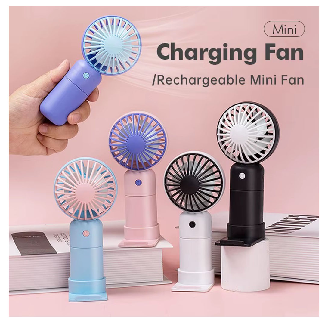 مروحة يدوية صغيرة و ستاند موبيل - قابلة للشحن - بينك