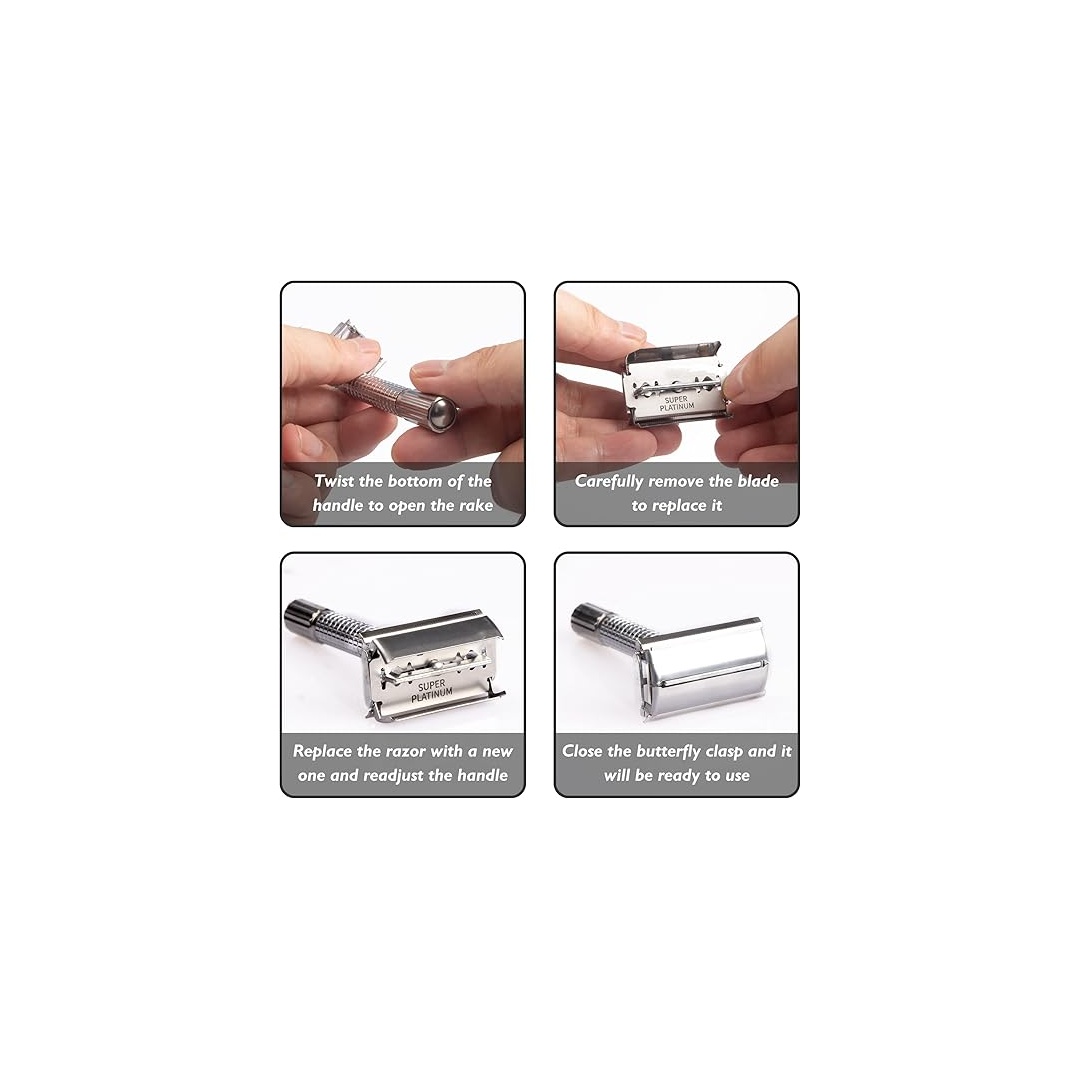 ماكينة حلاقة للشارب مزدوجة الحافة مع شفرة ستانلس ستيل + مرآة وعلبة - قطعتين