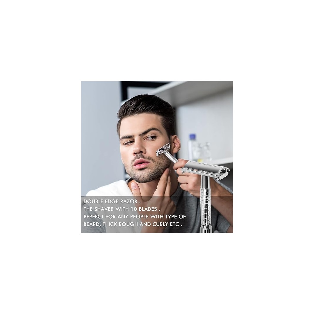 ماكينة حلاقة للشارب مزدوجة الحافة مع شفرة ستانلس ستيل + مرآة وعلبة