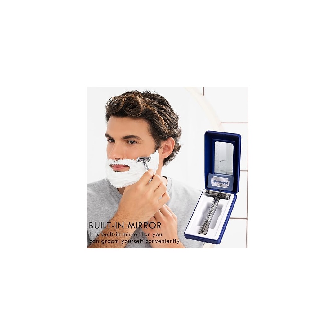 ماكينة حلاقة للشارب مزدوجة الحافة مع شفرة ستانلس ستيل + مرآة وعلبة - قطعتين
