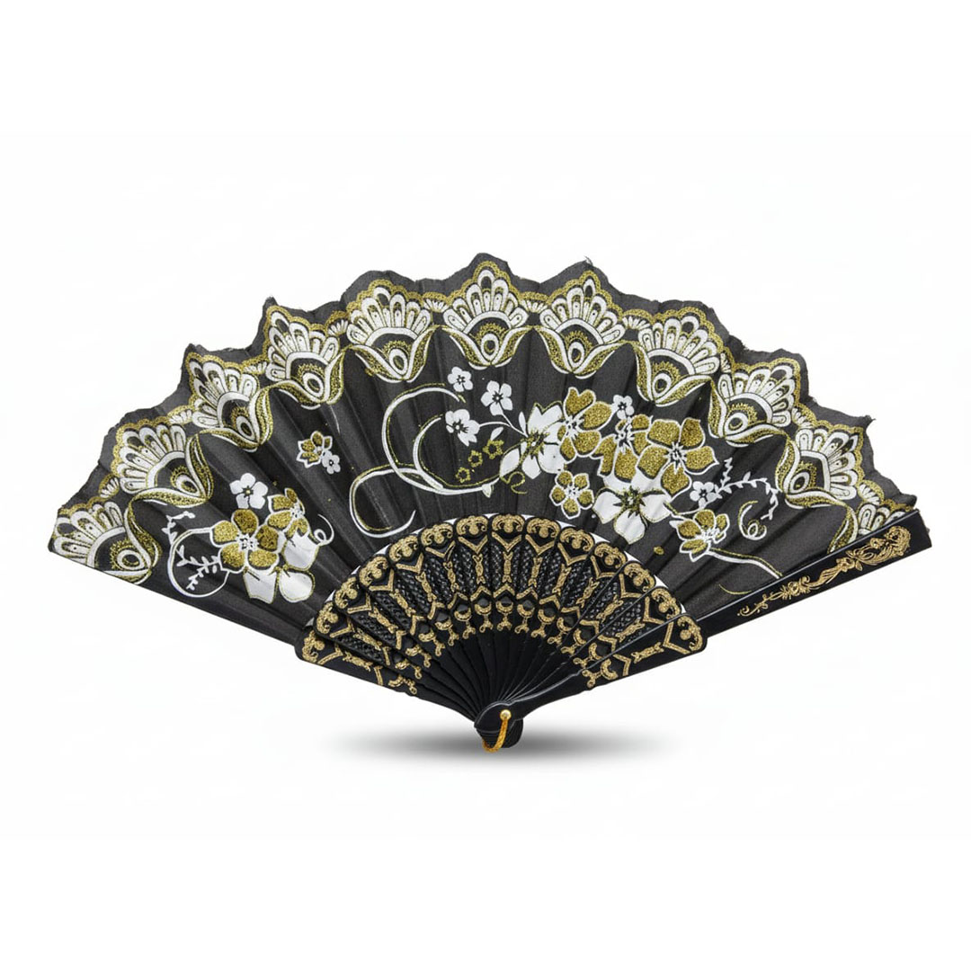 مروحة يدوية أسود مشجر بإطار ذهبي زاهي