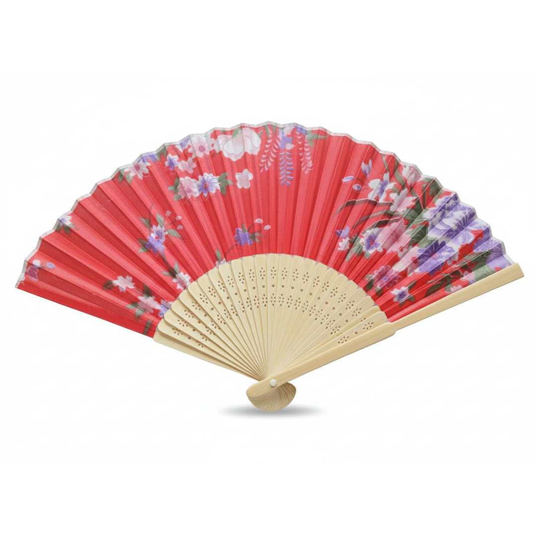 مروحة يدوية بلاستيك أحمر مشجر