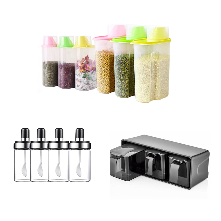 علب حفظ الطعام مع برطمنات توابل