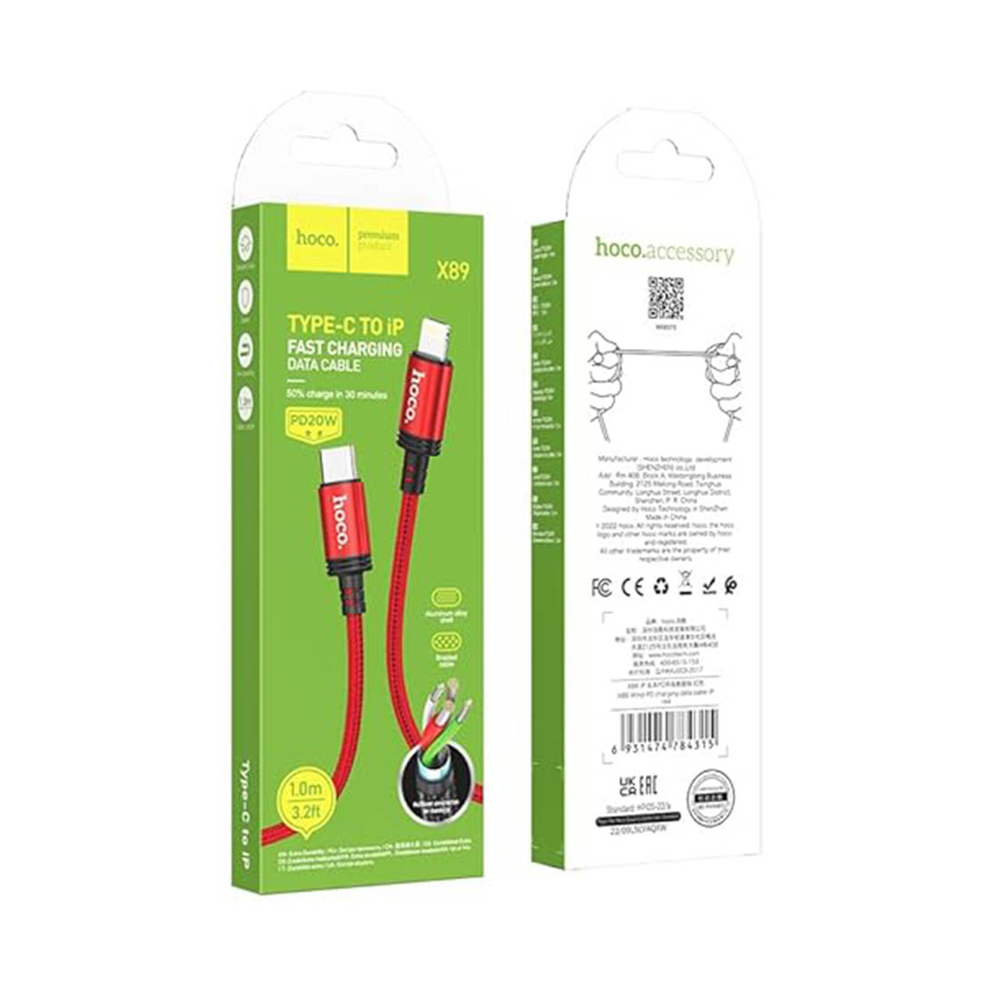 X89 Wind PD كابل شحن ونقل بيانات للأيفون - أحمر/أسود