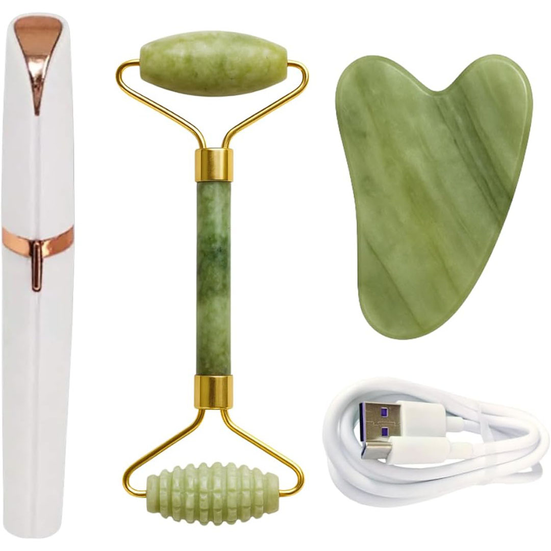 مجموعة تدليك غوا شا الطبيعية للوجه - 3 في 1 - مع جهاز إزالة شعر الحواجب