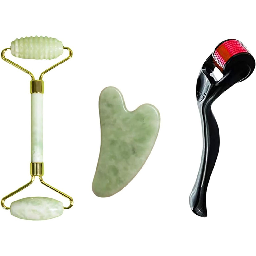 مجموعة تدليك غوا شا الطبيعية للوجه - 3 في 1 - مع ديرما رولر