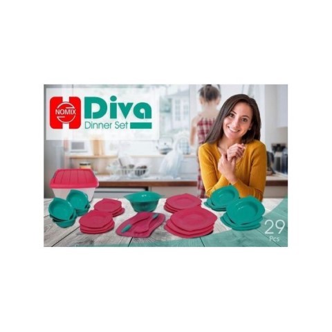 طقم أطباق عشاء 29 قطعة - تركواز/بينك