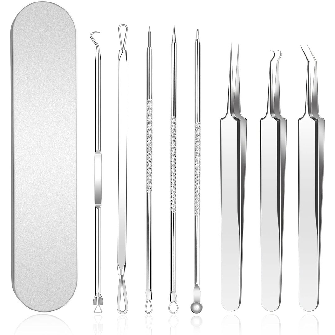 طقم إزالة رؤوس سوداء وحب شباب - 8 قطع معدن - فضي